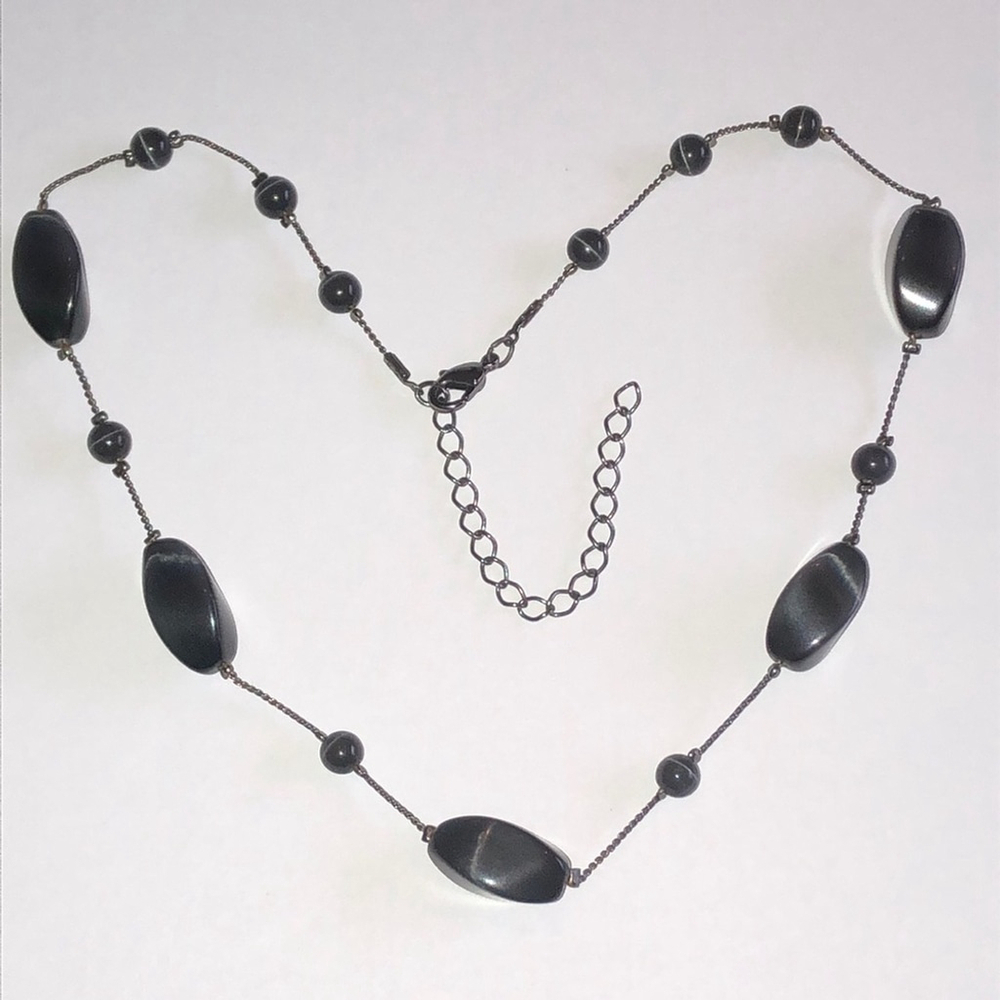 Gunmetal Gray Dark Metal Gray Moonglow Moon Stone Beaded Boho Necklace